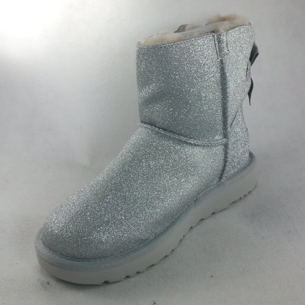 UGG Womens Mini Bailey Bow Silver Sparkle PAIR Boots NEW Sz 6 - Picture 6 of 8
